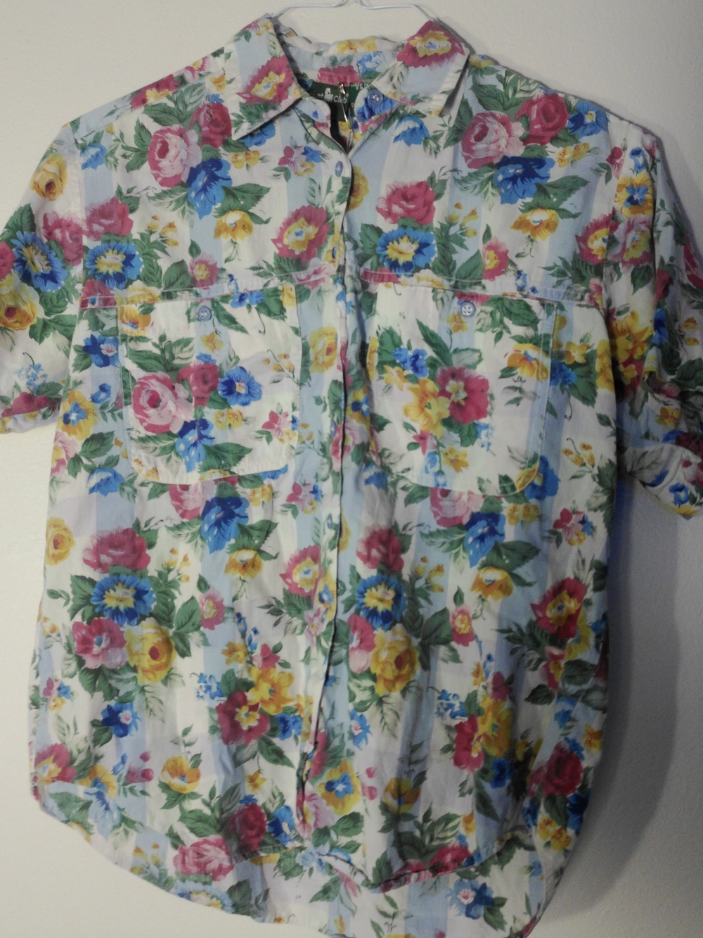 Hunt Club Floral Button-Up Blouse - White with Pink, Blue & Yellow Flowers
